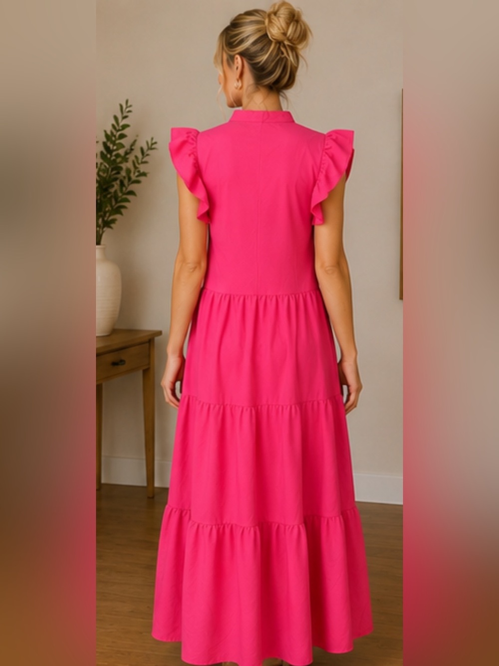 Hot Pink Tiered Maxi Dress Ruffle Sleeve V-Neck Size Medium - Picture 3 of 9